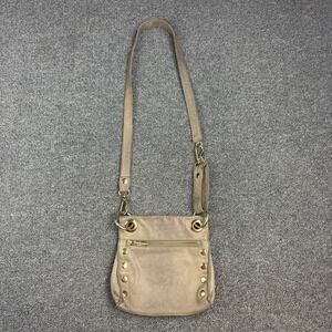 Hammitt Los Angeles Tony Pewter Leather Gold Stud Red Lining Zip Crossbody‎ Bag